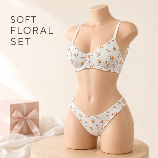 Ditsy Floral Ribbed Lingerie Set | Adjustable Strap Underwire Bra & High Cut Panty 2 Pieces Daily Underwear