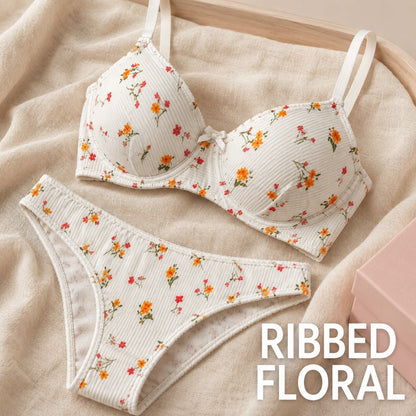 Ditsy Floral Ribbed Lingerie Set | Adjustable Strap Underwire Bra & High Cut Panty 2 Pieces Daily Underwear