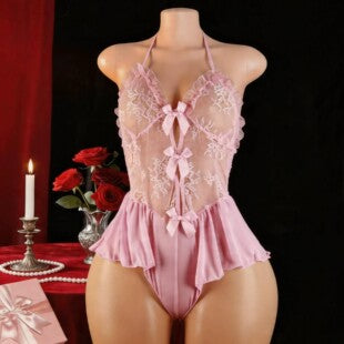 Pink Sheer Floral Lace Halter Teddy Lingerie | 3 Bow Cutout Ruffle Skirt Bodysuit Babydoll for Honeymoon & Special Romantic Night