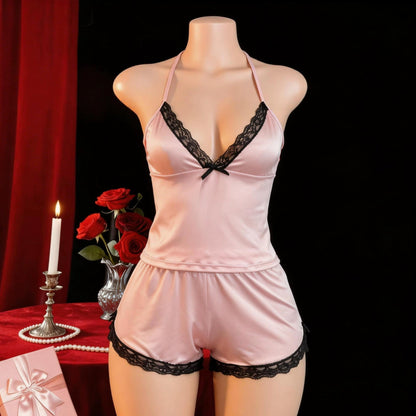 Women Silky Gloss Satin Camisole Pajama Set | Black Lace Trim V Neck Cross Back Cami Top + Shorts Two Piece Loungewear Sleepwear