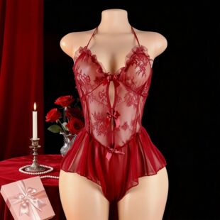 Pink Sheer Floral Lace Halter Teddy Lingerie | 3 Bow Cutout Ruffle Skirt Bodysuit Babydoll for Honeymoon & Special Romantic Night