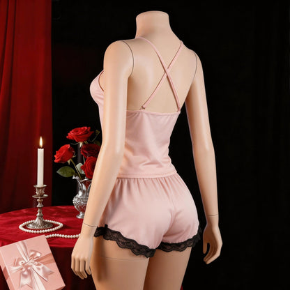 Women Silky Gloss Satin Camisole Pajama Set | Black Lace Trim V Neck Cross Back Cami Top + Shorts Two Piece Loungewear Sleepwear